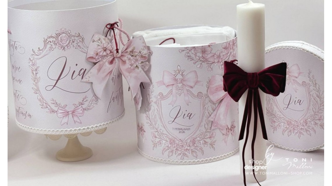 Lumânare botez albă Stâlp 40x8 cm fundă catifea burgundy Pink Bow 8